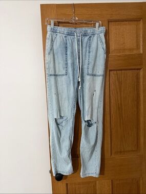 aerie Light Blue Distressed Denim Straight-Leg Joggers